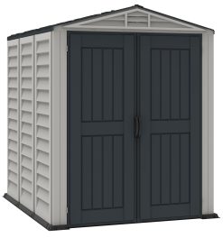 YardMate PLUS 5 x 8 (4.28 m²) Abri de jardin en plastique avec plancher en plastique robuste, structure de toit en métal robuste, ignifuge et sans entretien, Gris foncé/ Adobe