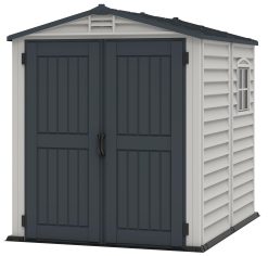 StoreMate PLUS 6 x 6 (3.65 m²) Abri de jardin en plastique avec plancher en plastique robuste et 1 fenêtre fixe, structure de toit en métal robuste, sans entretien, Gris foncé/ Adobe