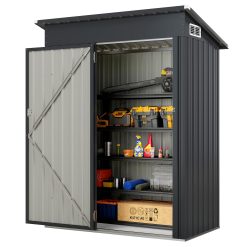 RELAX4LIFE Abri de Jardin en Acier Galvanisé 150 x 88 x 185 cm, Cabane de Rangement avec Porte et Toit Incliné, Abri pour Outils avec Structure Résistante 2 Paires de Gants pour Poubelles Extérieur
