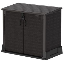 StoreAway 850L Plastic Garden Shed, Outdoor Storage Shed, Wheelie bin box, Wheelie Bin Hideaways, Durable Construction, Ideal for Tools, BBQs & 2x Garbage Bins, 130x74x110 cm, Dark Brown