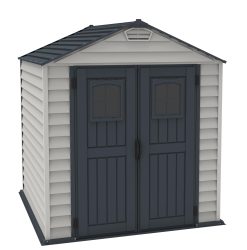 StoreMax PLUS 7 x 7 (4.44 m²) Abri de jardin en plastique avec plancher en plastique robuste et fenêtres fixes sur les portes, structure de toit en métal robuste, Gris foncé/ Adobe