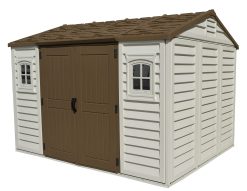 Apex 10.5 x 8 (7.64 m²) Abri de jardin en plastique avec 2 fenêtres fixes et kit de fondation en métal, solution extérieure de stockage, structure robuste, Adobe & Brown