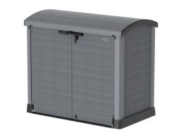 StoreAway 1200L Plastic Garden Shed/ Arc Lid, Outdoor Storage Shed, Wheelie Bin Hideaways, Wheelie bin box, Durable Construction, Ideal for Bikes, BBQs & 2x 240L Bins, 145x85x125 cm, Grey