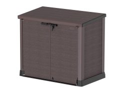 StoreAway 1200L Plastic Garden Shed/ Flat Lid, Outdoor Storage Shed, Wheelie Bin Hideaways, Wheelie bin box, Durable Construction, Ideal for Bikes, BBQs & 2x 240L Bins, 145x85x125 cm, Brown